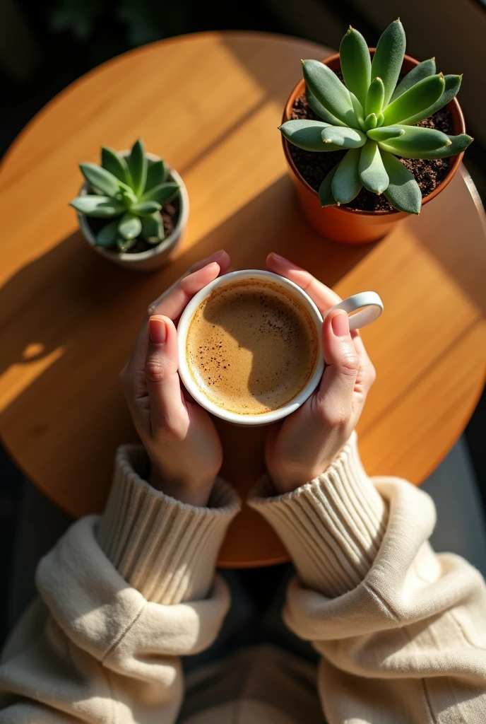 Top view.a small succulent plant on a round wooden table.There was a girl(The sleeves of her long-sleeved sweater reveal slender, fair hands.)close up.Cupping a coffee mug in both hands.Warm afternoon sunlight。Nice light and shadow.a comfortable, peaceful, and simple atmosphere。The whole photo has a super-realistic quality,Sharp details,Depth of Field優雅,perfectly capturing the tranquility of this moment。( perfect anatomy )masterpiece, Bright and fresh filter light and shadow、perfect composition.best quality、High resolution、、sharpest focus、Hyper-realistic photos、Super accurate photos、Depth of Field、perfect anatomy，and texture details、