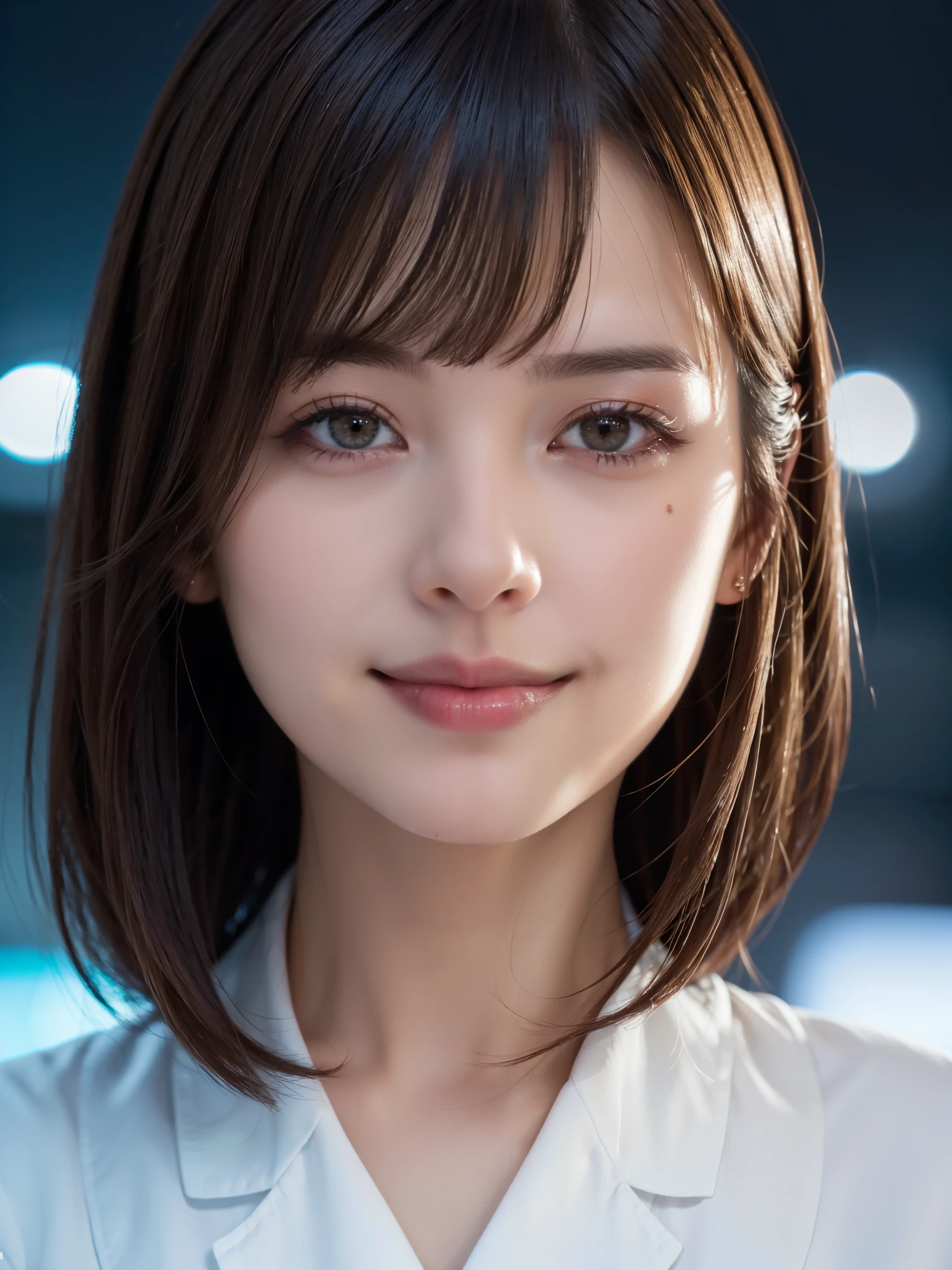 1 cabin attendant,(ANA Uniforms), (RAW Photos, Highest quality), (Realistic, Photorealistic:1.4), Tabletop, Very delicate and beautiful, Very detailed, 8k wallpaper, wonderful, In detail, Highly detailed CG unification, High resolution, Soft Light, Beautiful and detailed 25-year-old beauty, Very detailed目と顔, Beautifully detailed nose, Beautiful attention to detail,Cinema Lighting,Night airport,Perfect Anatomy,Slender body,smile (Bob, My hair is messy, Asymmetrical bangs, Light brown hair,)