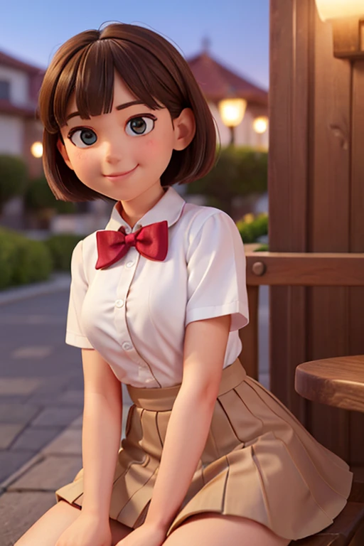 (8k, RAW photo, best quality, masterpiece: 1.2), (realistic, photo-realistic: 1.37), ultra-detailed, 1 girl, cute, solo, beautiful detailed sky, detailed coffee, night, sitting, (flushed nose), (smile: 1.1), (mouth closed), medium breasts, beautiful detailed eyes, (collared shirt: 1.1), bow tie, pleated skirt, (short hair: 1.2), long hair, taking big ice cream,
