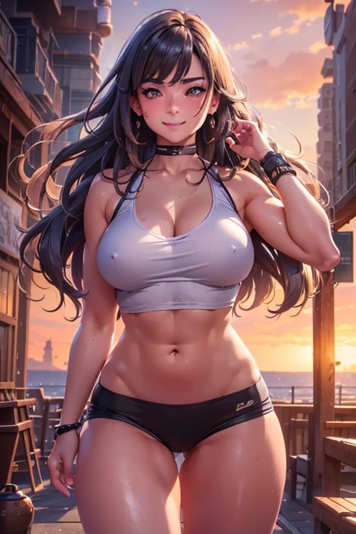 beautiful detailed caramel eyes, extremely detailed beautiful face, beautiful intricate tan skin, muscular athletic sculptured body, brown wavy hair, beautiful detailed breasts, medium sport shorts, medium sport tank top, wrist band, outdoor setting, running, grinning out of joy, (best quality,4k,8k,highres,masterpiece:1.2),ultra-detailed,(realistic,photorealistic,photo-realistic:1.37),concept art, vibrant colors, natural lighting