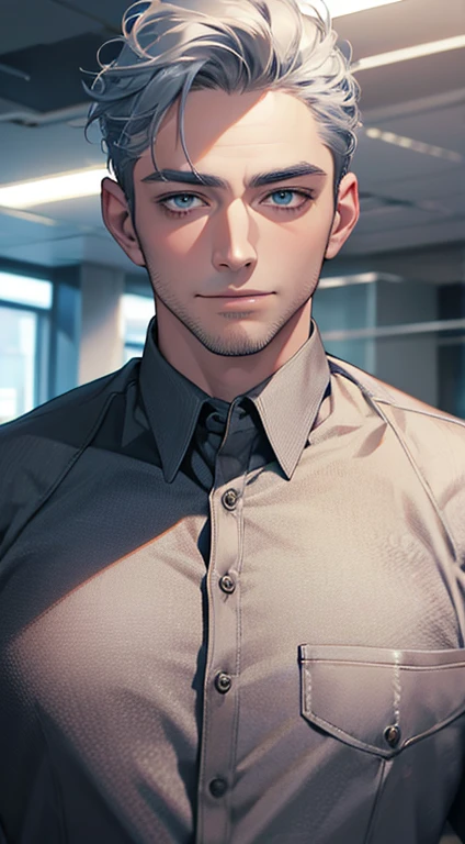 (best quality,4k,8k,highres,masterpiece:1.2),ultra-detailed,(realistic,photorealistic,photo-realistic:1.37),1 man,31 years old,mature man,very handsome,without expression,smile,short grey blue hair,blue eyes,penetrating gaze,perfect face without errors,imposing posture,businessman,office background,cinematic lighting,hdr image