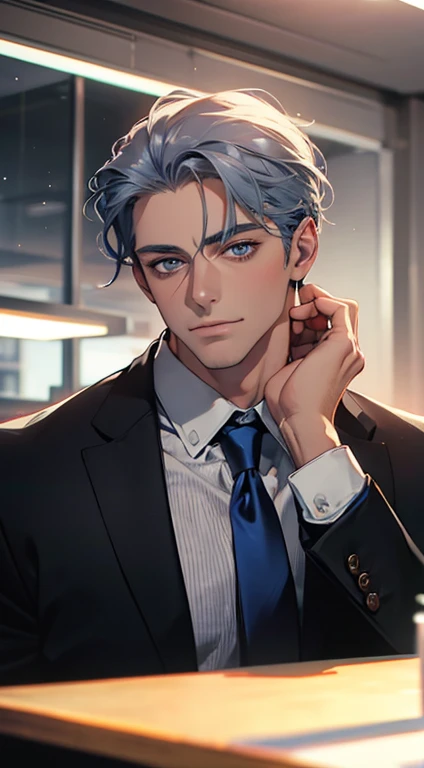 (best quality,4k,8k,highres,masterpiece:1.2),ultra-detailed,(realistic,photorealistic,photo-realistic:1.37),1 man,31 years old,mature man,very handsome,without expression,smile,short grey blue hair,blue eyes,penetrating gaze,perfect face without errors,imposing posture,businessman,office background,cinematic lighting,hdr image