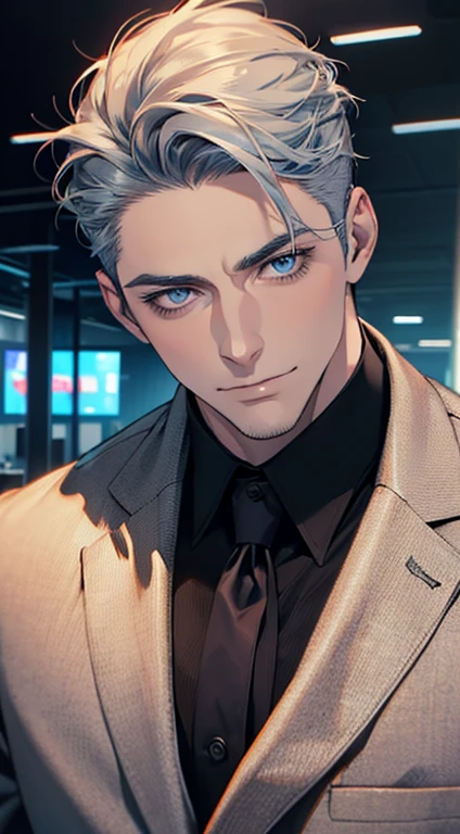 (best quality,4k,8k,highres,masterpiece:1.2),ultra-detailed,(realistic,photorealistic,photo-realistic:1.37),1 man,31 years old,mature man,very handsome,without expression,smile,short grey blue hair,blue eyes,penetrating gaze,perfect face without errors,imposing posture,businessman,office background,cinematic lighting,hdr image