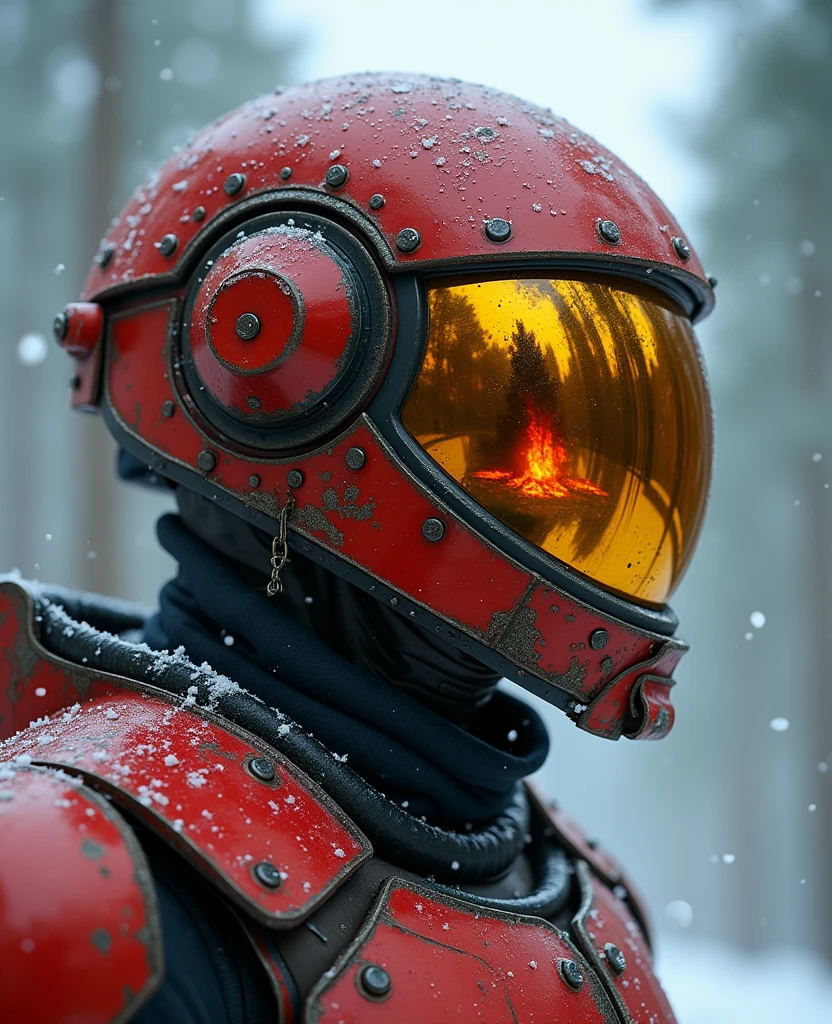 create a image of a twenty-five-year-old white man wearing a worn, red-painted metal helmet with a curved glass visor covering the front of the helmet and hiding his face, half-mirrored in gold on the outside. This curved glass is fixed to the helmet with a water seal and reflects the image of several explosions in a large city, miles in front of him. His helmet has drops of water, small snowflakes and a drop of water is running down the glass. He is wearing a suit of futuristic armor in a worn, red color. It is snowing a little, the background is a eucalyptus forest and the brightest lighting is that of the explosion.