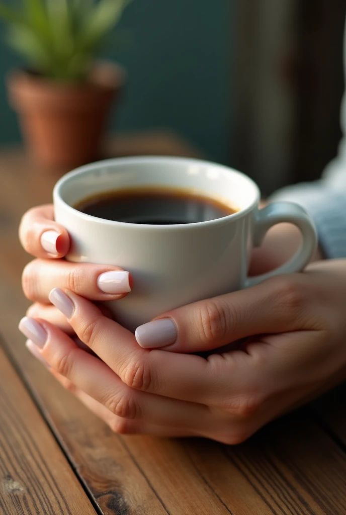 This is a hyper-realistic photo of a close-up of a woman&#39;s hands。I saw a pair of slender white hands holding a coffee cup,Fingertips are slender and elegant,Nails neat and clean。The blue blood vessels on the back of the hand are looming,Reveals skin’s transparent texture。Light falls from the side,Projects a soft interplay of light and dark on the back of the hand and knuckles,Create a charming texture and three-dimensional sense。 The whole picture focuses on the close-up of these hands,takes up most of the screen。The background is blurred,Only the wooden tabletop and a small pot of plants can be vaguely seen,Let your hands be the protagonist of the picture。Attention to detail,The texture of each knuckle、The lines on your fingertips are clearly visible,It&#39;s like you can feel the temperature and touch of your hands。 This photo shows the photographer’s superb skills,Perfectly captures the elegant lines and delicate texture of female hands。The overall effect is a hyper-realistic one,immersive。Undoubtedly a masterpiece,Reflecting the photographer&#39;s exceptional skills and control of detail。