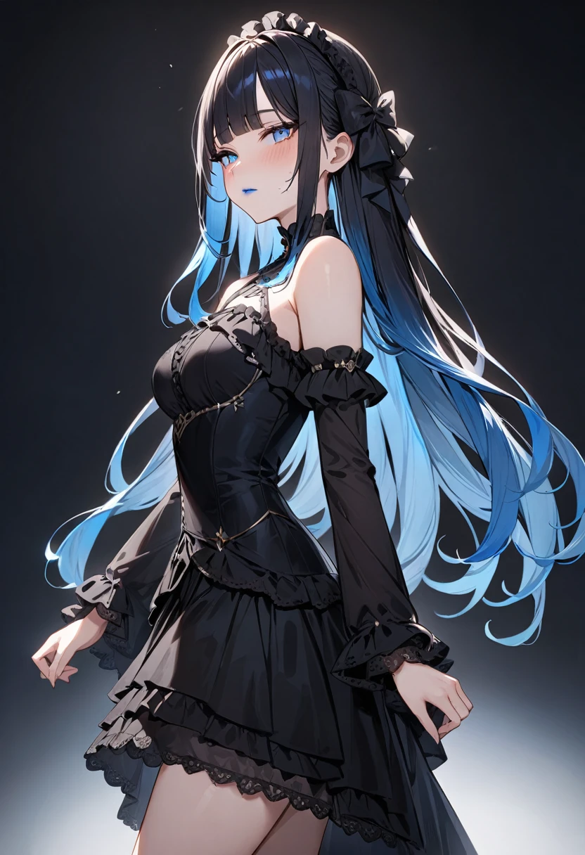 (masterpiece, top quality, very aesthetic, 4k、illustration), intricate detail, 1woman,solo,contrapposto 、from side、(gradient eyes、tareme)、Strong glowing eyes、blunt bangs,Fair skin,(cowboy shot)、half closed eyes、cold face、Cold Stare、(Blue lipstick),beautiful face、Blushing,(gradient hair)、multicolored hair,middle hair,sidelock ,blue　eyes、Shoulderless gothic lolita dress、medium breasts、slender 、
