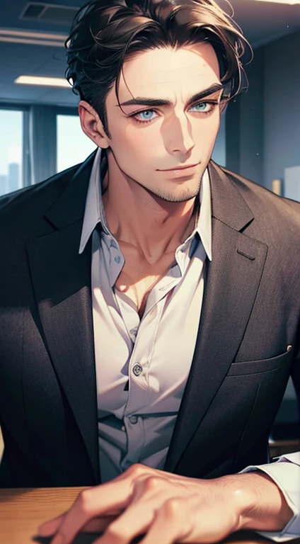 (best quality,4k,8k,highres,masterpiece:1.2),ultra-detailed,(realistic,photorealistic,photo-realistic:1.37),1 man,31 years old,mature man,very handsome,without expression,smile,short grey black hair,blue eyes,penetrating gaze,perfect face without errors,imposing posture,businessman,office background,cinematic lighting,hdr image