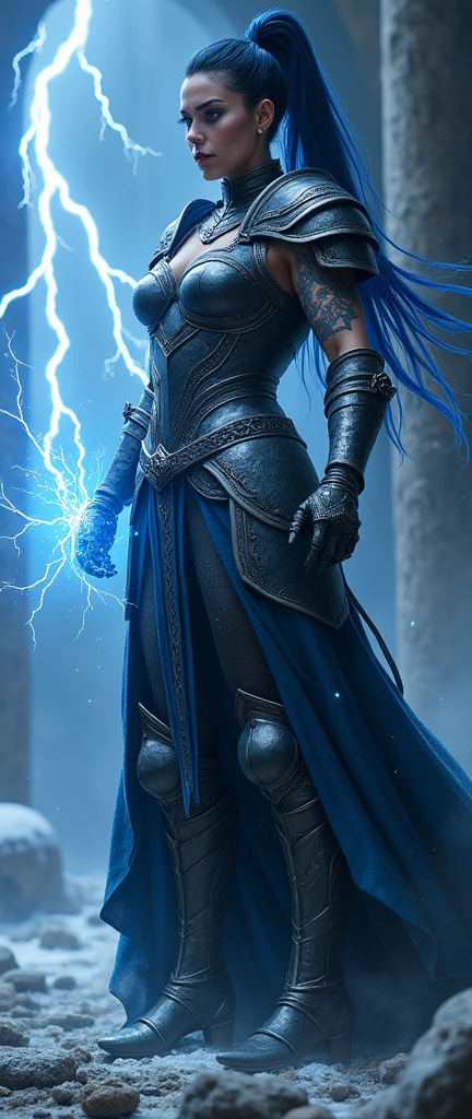 Aletta Ocean, angry evil beautiful and muscular, Nordic female, towering storm Giantess with blue black hair in a ponytail, older and mature woman, throwing a lightning ball, celtic glowing tattoos, wearing nordic steel runic plate mail Armour , temple cave background with lightning storm, glowing blue eyes, square jaw, powerful and imposing, winter clothing, pale blue purple skin, ((full plate celtic dragon armour)), nordic tattoos, fit bodybuilder