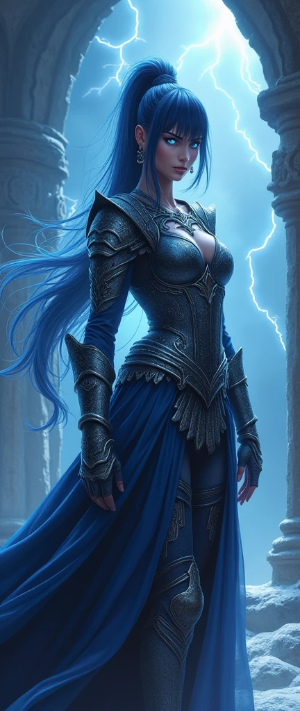 Aletta Ocean, angry evil beautiful and muscular, Nordic female, towering storm Giantess with blue black hair in a ponytail, older and mature woman, throwing a lightning ball, celtic glowing tattoos, wearing nordic steel runic plate mail Armour , temple cave background with lightning storm, glowing blue eyes, square jaw, powerful and imposing, winter clothing, pale blue purple skin, ((full plate celtic dragon armour)), nordic tattoos, fit bodybuilder
