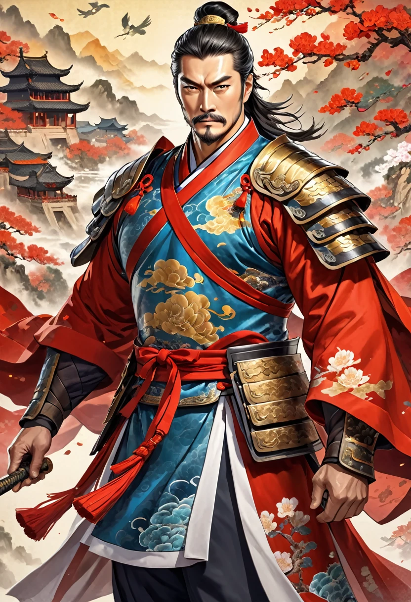 Three Kingdoms, middle aged man, charisma, leader, handsome, Chinese armor, Traditional Chinese Costumes, Chinese Background, muscular body
