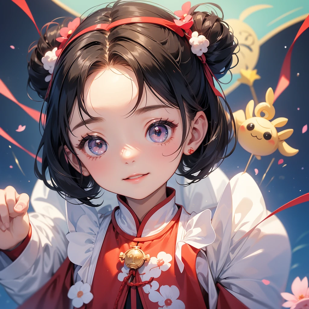 A chibi child girl had a small face and Wearing a little Taoist priest's outfit. A pair of big round eyes shone with curiosity about him. This child was so cute! , Selling stewed pork on rice, her hair is black with two buns on her hair.small chibi, chibi baby, smiling.
The little chibi baby looked up with his chest raised, and his face was old and proud.