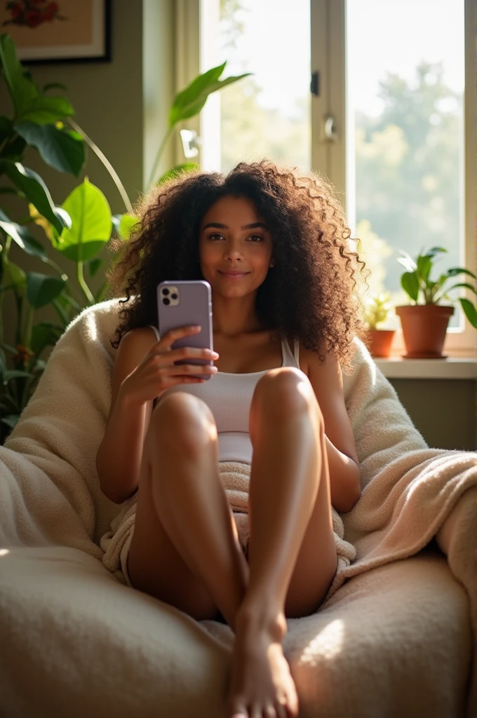 A brunette girl with curly hair and big breasts sits with her legs stretched out, taking a realistic photo