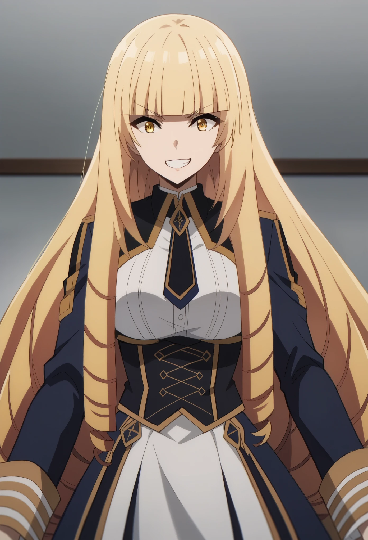 oriana rose, long hair, blonde hair, yellow eyes, drill hair, bangs, blunt bangs, skirt, jacket, necktie, white skirt, corset,big breast, grin, anime style, anime, 4K, best quality, high quality, super detail, masterpiece,upper body,bikini,in the bed
