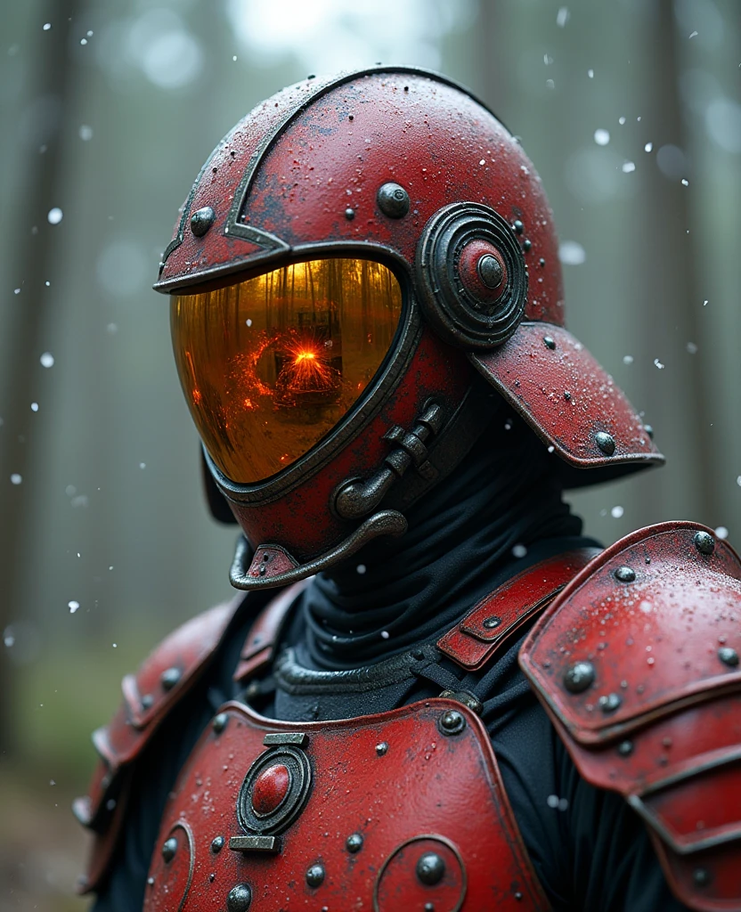 create a image of a samurai twenty-five-year-old white man wearing a worn, red-painted metal helmet with a curved glass visor covering the front of the helmet and hiding his face, half-mirrored in gold on the outside. This curved glass is fixed to the helmet with a water seal and reflects the image of several explosions in a large city, miles in front of him. His helmet has drops of water, small snowflakes and a drop of water is running down the glass. He is wearing a suit of futuristic armor in a worn, red color. It is snowing a little, the background is a eucalyptus forest and the brightest lighting is that of the explosion.