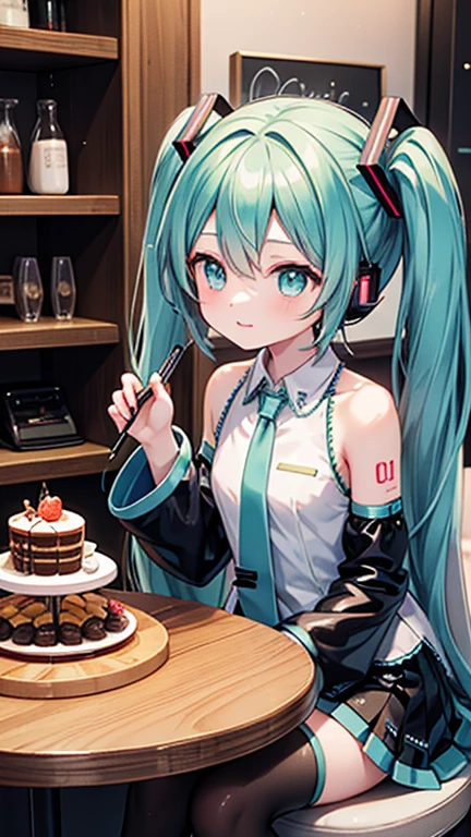 Highest quality,high resolution,Hatsune Miku,Coffee shop,thinking,coffee,cake
