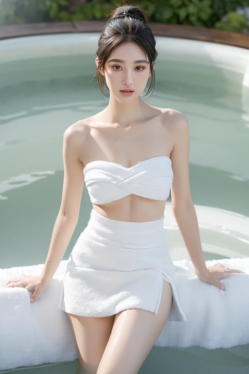 (Ultra high quality), (An exquisitely crafted white tube skirt made of towel fabric:1.4, Strapless:1.4), (Large Breasts:1.4), super beautiful breasts, (slim:1.8), Willow Waist, Extremely fair skin, Super slim face, (ponytail, layered tailoring, Fluffy hair), (double eyelids, slanted eyes), Small nose, Thin lips, Slender legs, (Soaking in hot spring water:1.2)