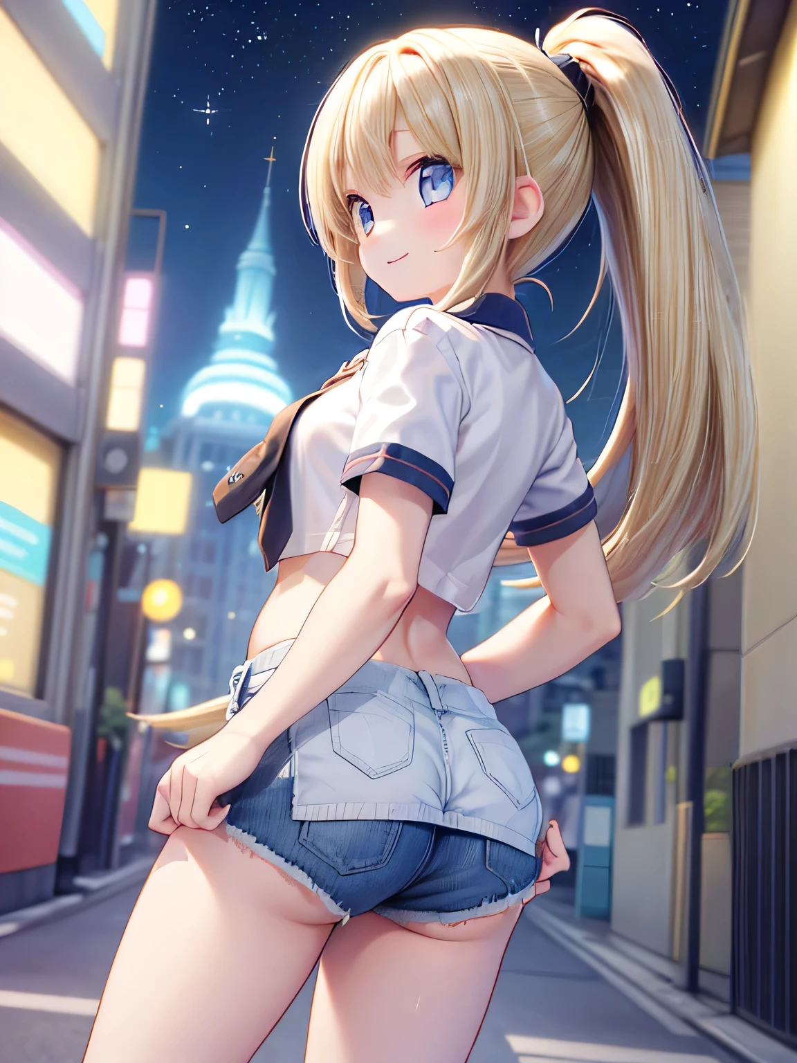 18-year-old、ultra-isetaileis,(masterpiece:1.2) , (Highest quality:1.2) , (ultra-isetaileis:1.4), 2.5D,extremely isetaileis,anime,2 people,blonis hair,siise ponytail,break,reis eyes,break,Streetscape,Star and logo printed tie-front cropped top、Shorts,(Ass Focus:1.2),smile,:is,leaning forwaris
