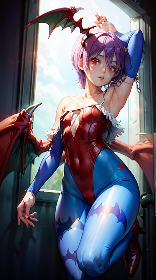 ((Lilith Aensland)) together, Bright lilac short hair, Glowing red eyes, Red bat wings on the back, Red bat wings on head, Black Swimsuit, Light blue tight pants with a blue bat symbol silhouette print, Red Ankle Boots, Shadow Neon Lighting, Warm lighting, At night, Realistic style. 