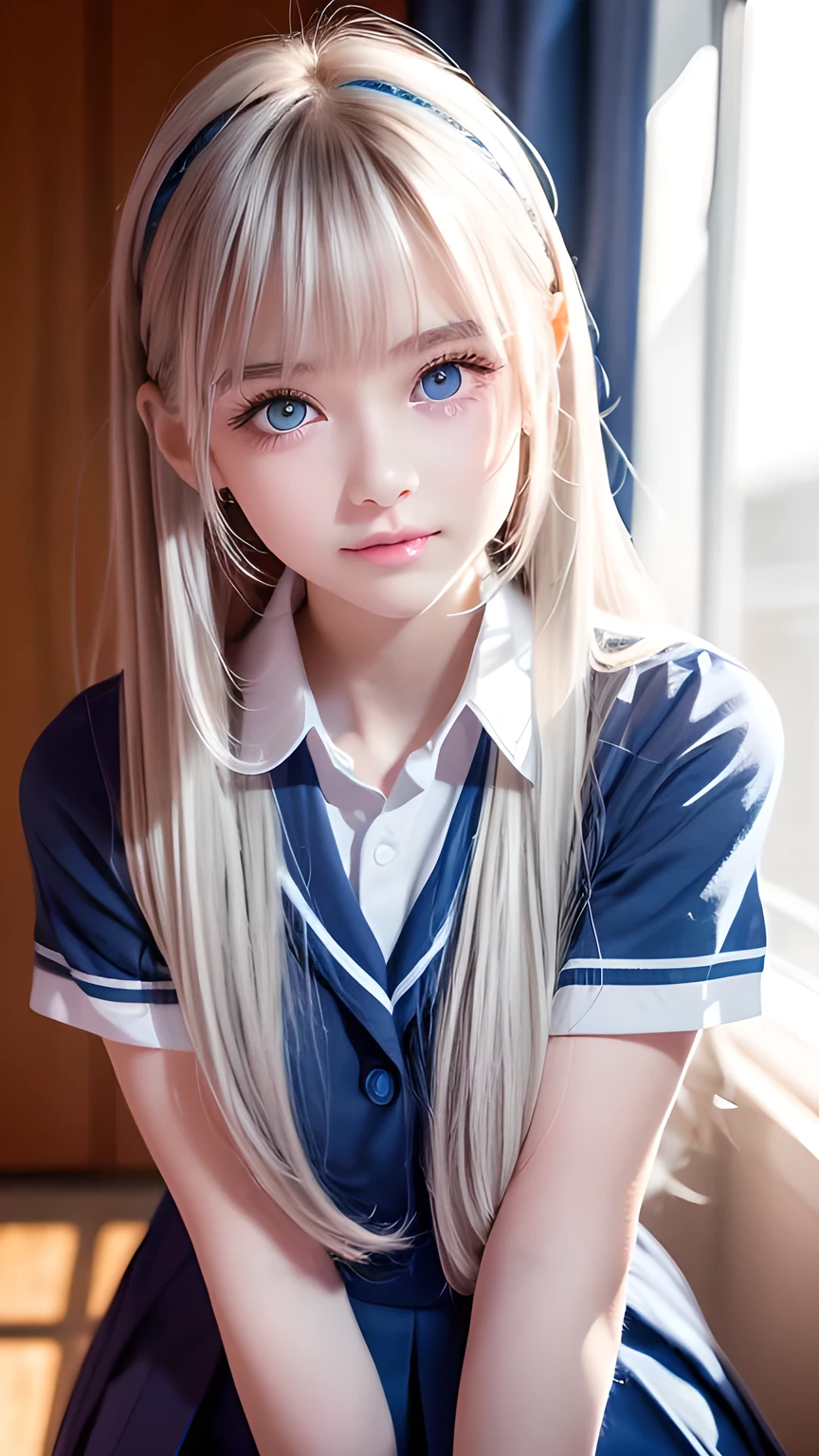 a girl who is one woman, Super long hair, beautiful and cute beauty、Beautiful bangs、Very beautiful face、Bright expression、Beautiful blue eyes, bright and dazzling platinum blonde、The hair is long and straight、Eyebrows behind the bangs、school uniform、School uniform、Textured white skin, High detail, Best Quality, 4K high resolution、Glowing Skin