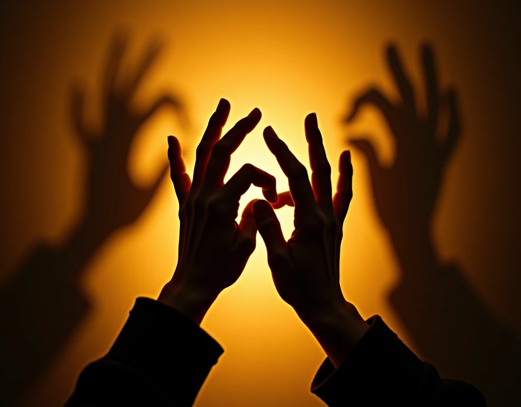 ((silhouette art))a close up picture of hands creating shadow forms on a wall 