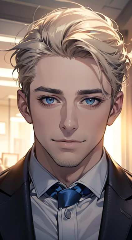 (best quality,4k,8k,highres,masterpiece:1.2),ultra-detailed,(realistic,photorealistic,photo-realistic:1.37),1 man,31 years old,mature man,very handsome,without expression,smile,short grey golden hair,blue eyes,penetrating gaze,perfect face without errors,imposing posture,businessman,office background,cinematic lighting,hdr image