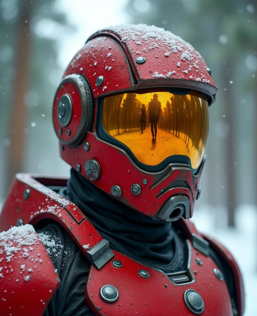 A twenty-five-year-old white man wearing a worn, red-painted metal helmet with a curved glass visor covering the front, half-mirrored in gold on the outside, reflecting the image of several explosions in a large city miles in front of him, drops of water and small snowflakes on the helmet, wearing a suit of futuristic worn red armor, snowing lightly, eucalyptus forest background, brightest lighting from the explosions
