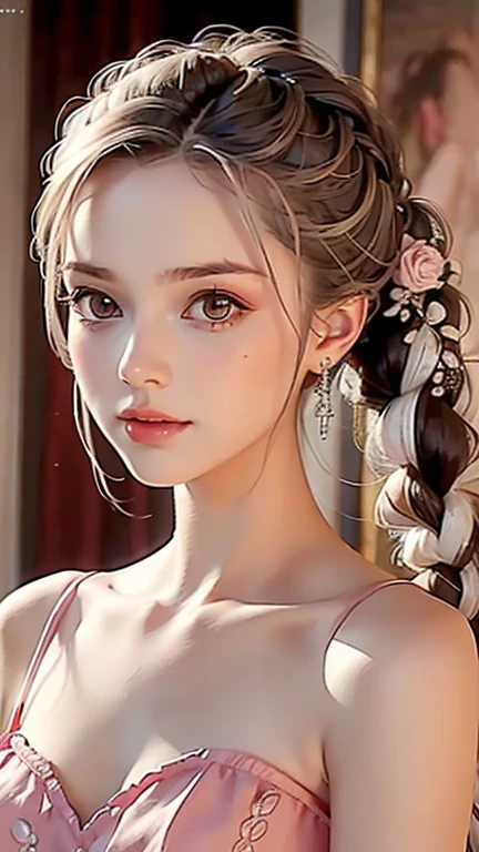 woman, Severe, elegant, Pink Dress, Aristocratic, silver element, Long nails, Exposing shoulders, Hairstyle, Put your hair up, Braids and ponytails, Messy, arrogant, Absurd, Detailed dress, Royalty, celebration, Hall decorated with flowers, Cowboy Shot, Portraiture, (Highest quality), (masterpiece), (Very detailed), (4K)