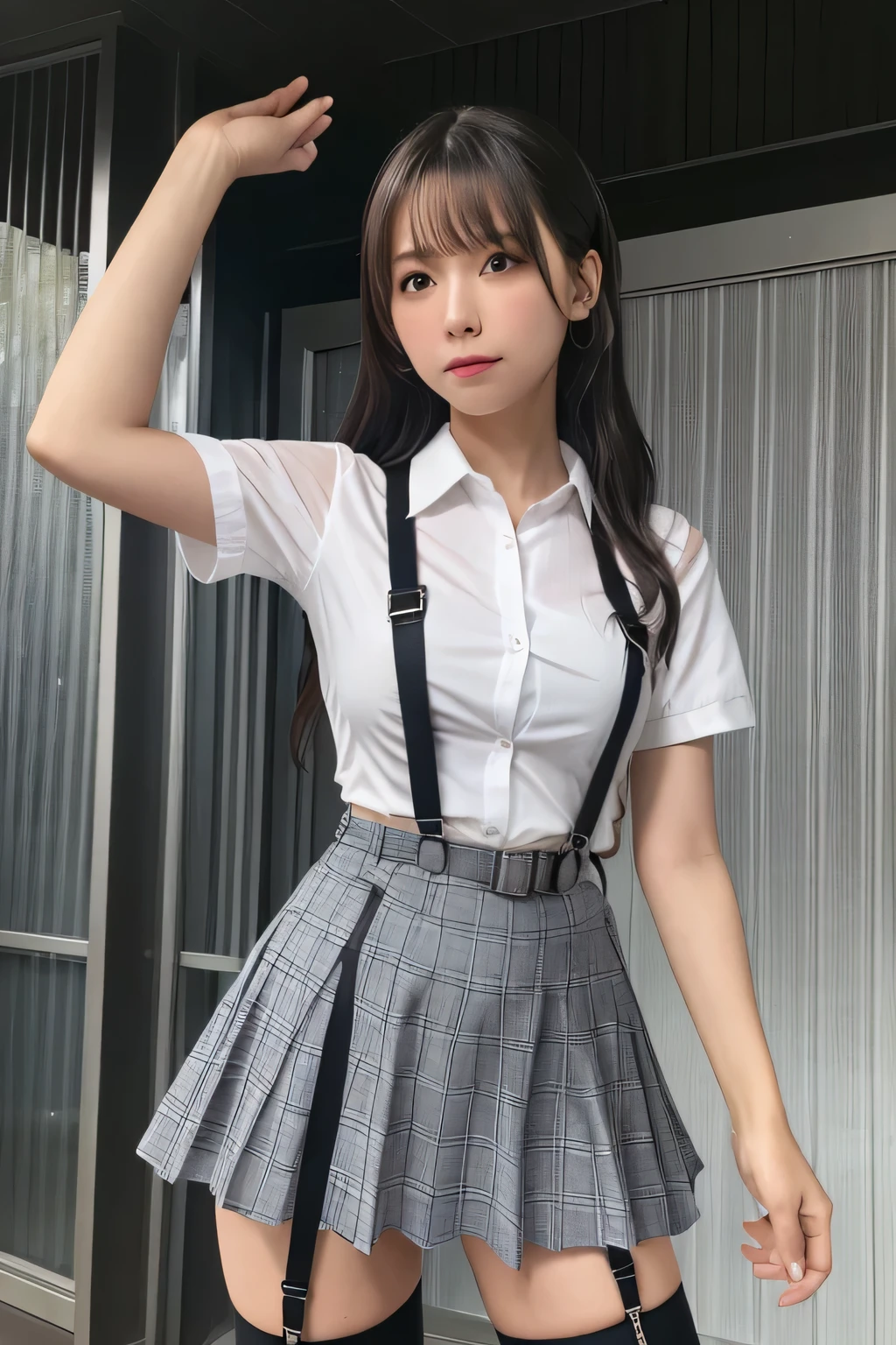 1 female, , high quality, masterpiece, Ultra-high resolution, Cinema Lighting, 1 female, , high quality, masterpiece, Ultra-high resolution, , Cinema Lighting, suspenders Moderate breasts Small face Looking up Sweat Thin belt buzzer 脇Sweat garter belt Belt on pants holster Hands behind your back Looking up Anxious face Knee-high Knee socks Knee-highソックス garter ふとももにgarter belt Checkered mini skirt Panty shot Skirt gap Armament holster holster Hands behind your back Anxious expression Anxious face, legs apart Armament Leg Holster holster See-through clothing heavy rain Rain-soaked dress shirt,Moderate breasts ガーターbelt suspenders Garter on the thigh Checkered mini skirt Looking up Pause belt Armpit sweat Hands behind back Raise your hands