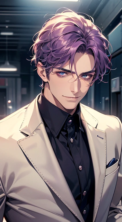 (best quality, masterpiece, 8K, photorealistic, cinematic lighting, 1:4 hdr image, ultra detailed, beautiful image), a mature man, 35 years very handsome, ((cold expression smile in love)), short purple hair, blue eyes, face perfect without mistakes, ((buttoning his jacket, CEO)), smile.