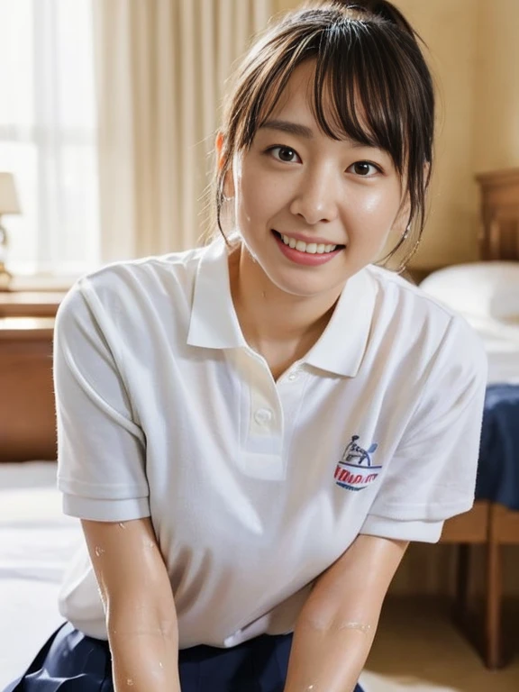 (Masterpiece, Best quality:1.4), (Ultra realistic, Photo-realistic:1.2), Natural light, 28 years old actress, Japanese women, Neat and clean, (Tennis uniform, White short-sleeve polo shirt, Navyblue pleated skirt:1.2), (unbutton:1.3), (Ponytail:1.2), Short wavy hair, Light brown hair color, (Beautiful Face), Oval face, clear, (Beautiful eyes, Kind eyes), (Wet skin:1.4), Clear skin, Small face, (Small mouth), (Beautiful mouth), Natural makeup, Approachable, Luxury hotel Suite room, On bed, Seductive smile, (Seductive pose:1.2), Beautiful thighs, (Bedroom eyes), (nsfw:1.1), (ecstasy:1.2), (orgasm:1.1), (lesbian couple), (petting together:1.2), obscene reality of girls, (erotic pose:1.2), aragakiyui,