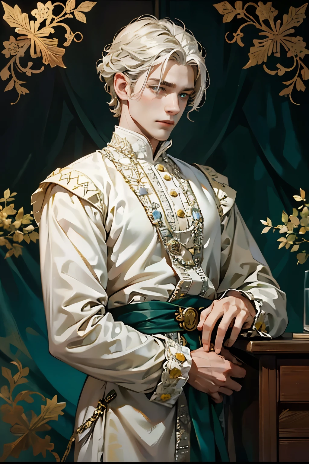 (masterpiece), best quality, expressive eyes, perfect face,18th century European noblemen,prince,silver hair,Green eyes,hansome,gentle, Smile, 25 years old, White clothes, short hair, curls, individual