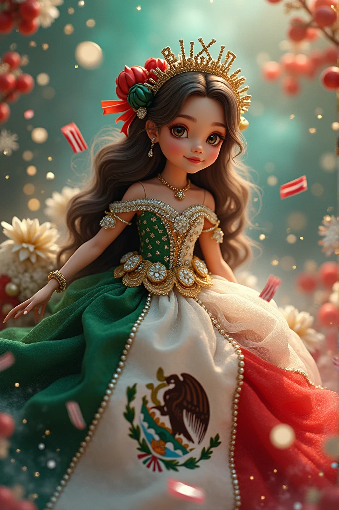 An exquisite 3D anime-style illustration featuring a mesmerizing doll, dressed in a captivating gown of green, white, and red with intricate designs, shimmering gems, diamonds, and pearls. Her cascading wavy brown hair, adorned with green, white, and red ribbons and beads, frames her radiant smile and alluring brown eyes. The doll is perched atop a Mexican flag, nopales, loterías, trompos, yoyos, resorteras, and a "ENLACES JOKBD " banner in bold gold letters, magically transforming the vibrant red and colorful landscape into an enchanting winter wonderland. Signed by the talented artist "jok" the cinematic background features swirling smoke in red, white, green hues, adding to the enchanting atmosphere. Con nombre alma 