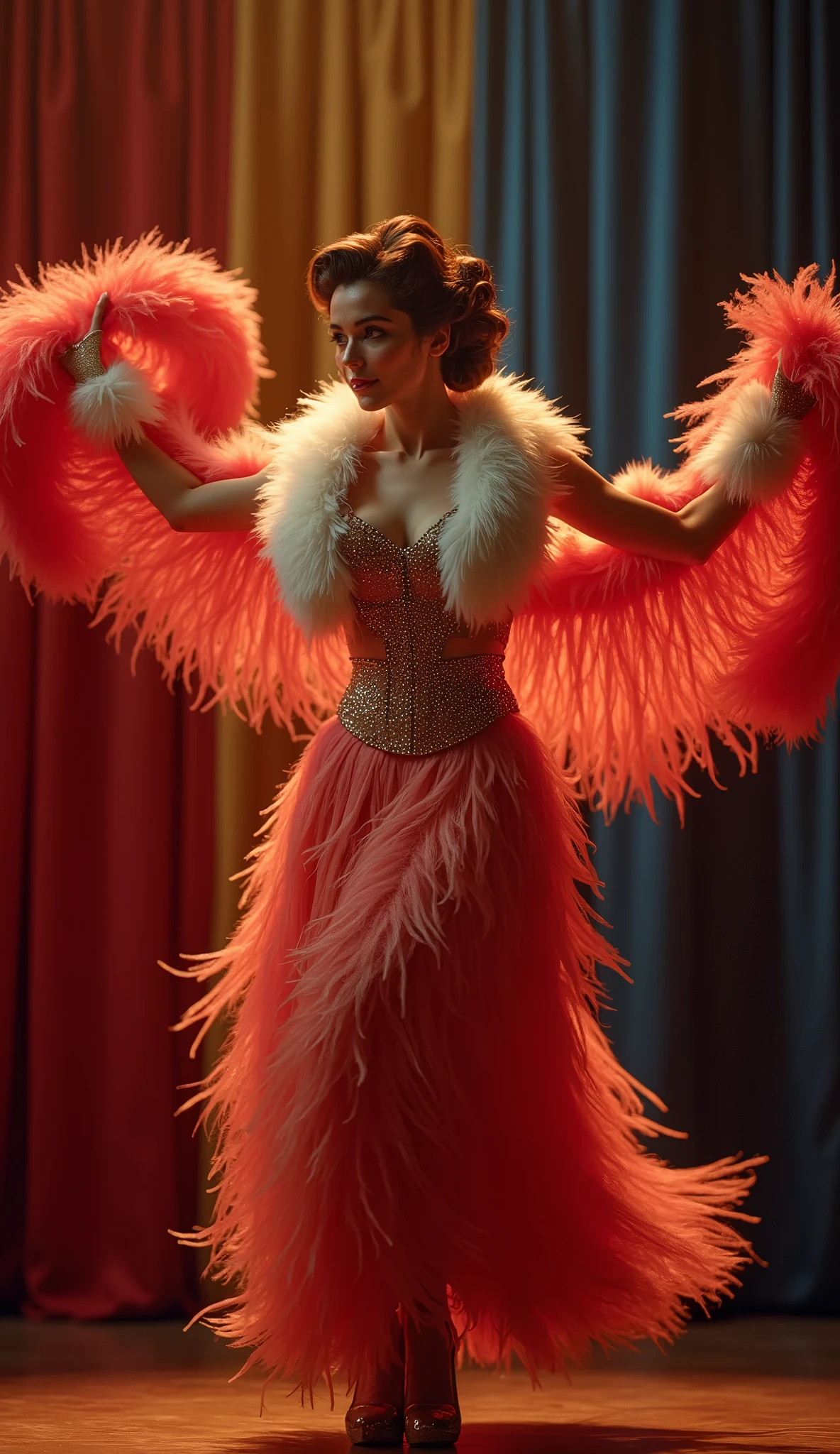 1girl, 1950s, fashion, elegant, flapper dress, faux fur collar, 1950s victory rolls hairstyle,, stage performer, dynamic pose, dancing can-can, large feather dress stage, (best quality,4k,8k,highres,masterpiece:1.2),ultra-detailed,(realistic,photorealistic,photo-realistic:1.37),vibrant colors,dramatic lighting,cinematic composition,cinematic lighting,dramatic pose