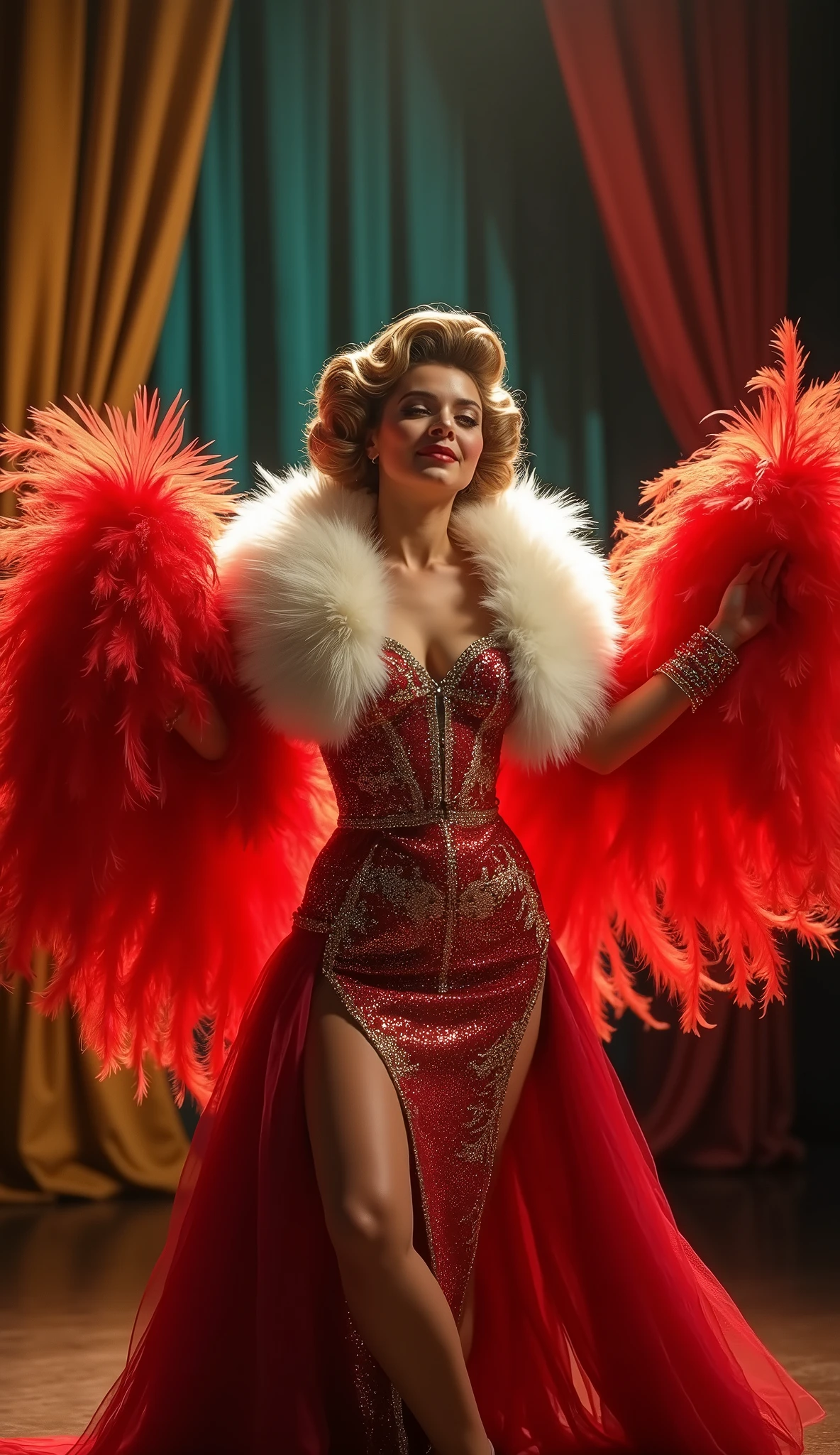 1girl, 1950s, fashion, elegant, flapper dress, faux fur collar, 1950s victory rolls hairstyle,, stage performer, dynamic pose, dancing can-can, large feather dress stage, (best quality,4k,8k,highres,masterpiece:1.2),ultra-detailed,(realistic,photorealistic,photo-realistic:1.37),vibrant colors,dramatic lighting,cinematic composition,cinematic lighting,dramatic pose