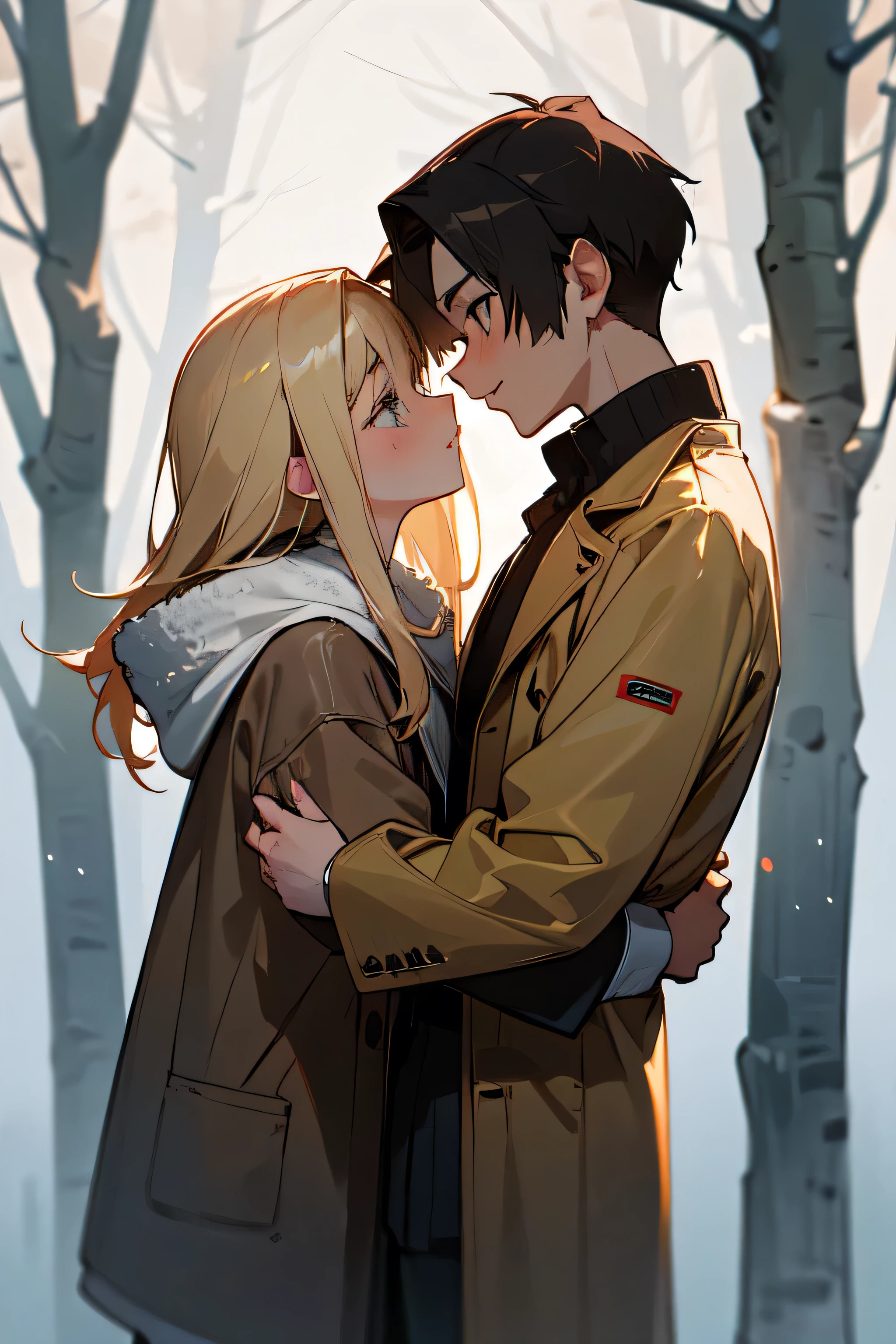 (winter, woods, зимний woods, Winter landscape) Handsome brunette 13 years old. (good face rendering), kisses a beautiful 13 year old blonde with gray eyes (good face rendering), wearing a dark yellow jacket.