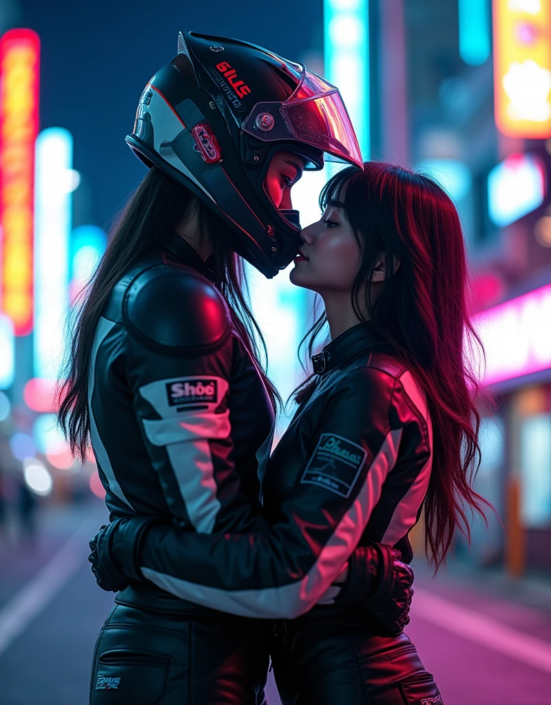 very beautiful Japanese high school girl, about to Ride on a off-road motorcycle, at downtown at night, dramatic scene, masterpiece, (face focus:1.3), clear helmet visor, beautiful eyes, Kawasaki bike, Shoei helmet, (wearing off-road rider's outfits), two girl hugging and about to kiss