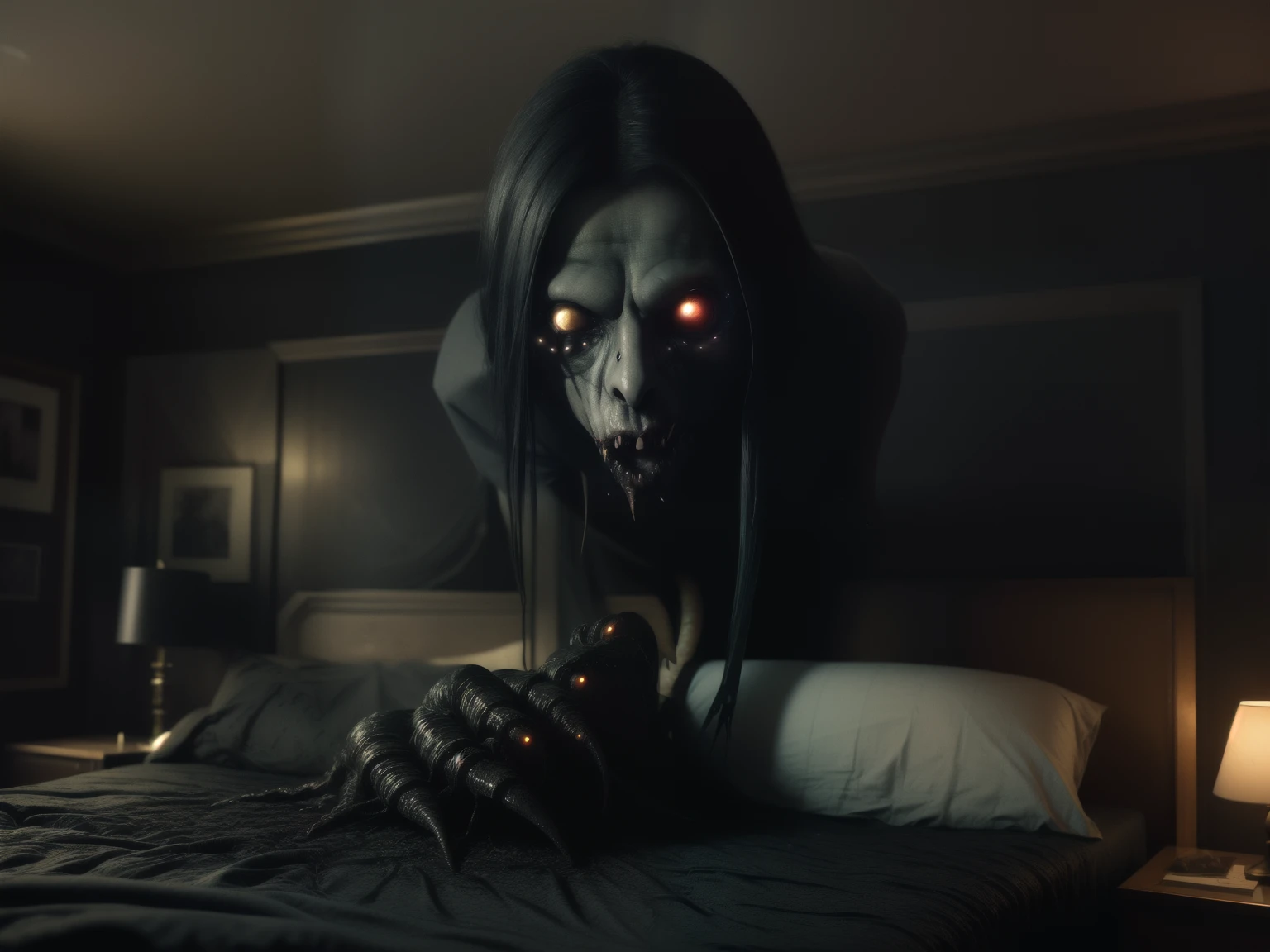 masterpiece,best quality, ultra detailed,highres,high-resolution,4k,4k portrait,8k,8k portrait,unity 8k wallpaper,extremely detailed CG,unity 8k wallpaper,realistic,RAW photo,real person, portrait photography,photorealistic,shiny skin,detailed skin,
In the bedroom at night, it's pitch black outside the window, and the room is dimly illuminated by the lights of the wall lights.A bed is placed a short distance from the lights. On the bed lies someone, On the someone there is a human-like some . The bodies of the creatures are lit up with lights to reveal their eerie shapes,
((night:1.8)),(darkness:1.8), boogeyman,creature, horror, scary stories,((bed room:1.7))
reelhorror, blood, humanoid, tentacles, creature, monster, dismembered,