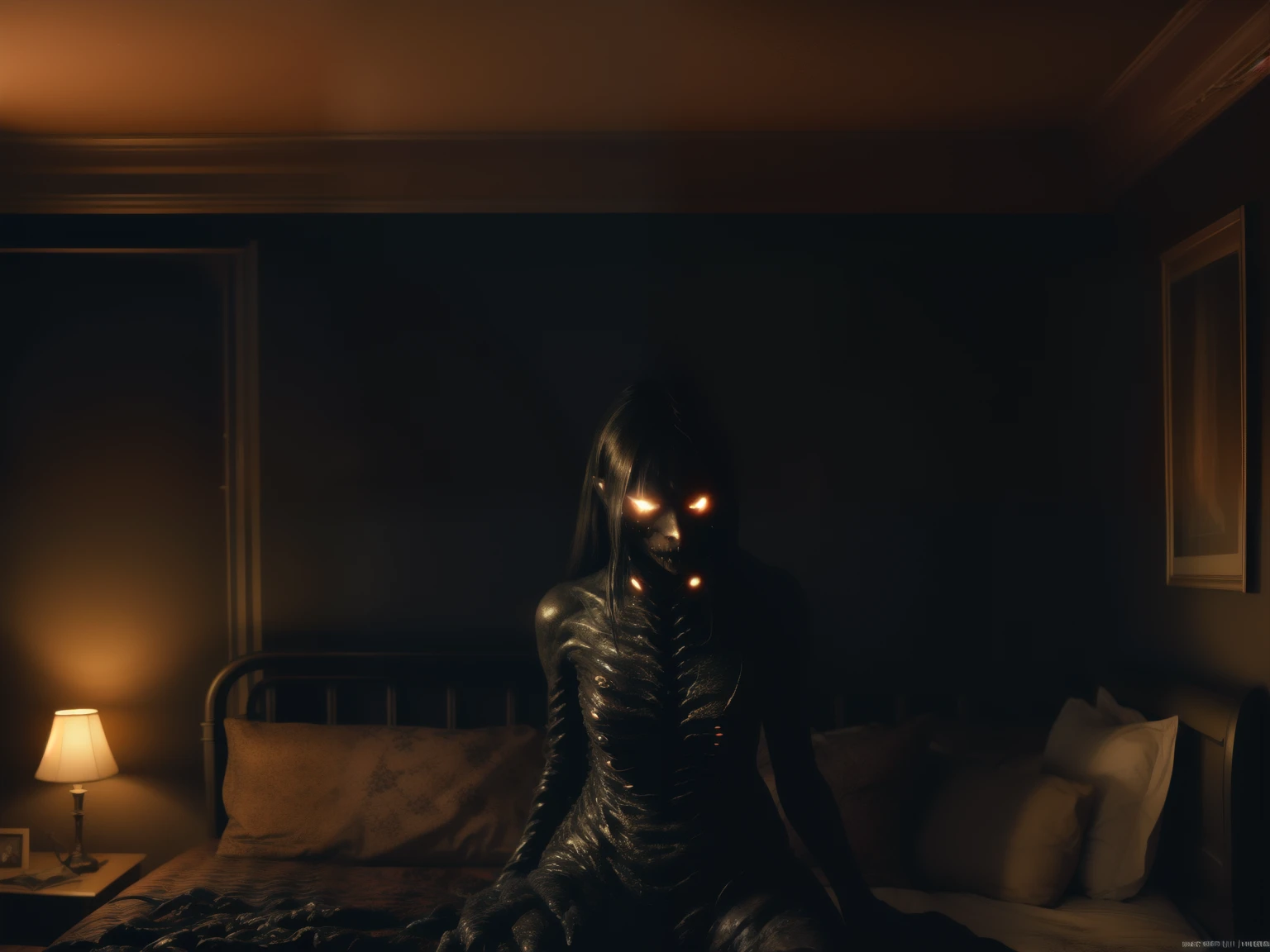 masterpiece,best quality, ultra detailed,highres,high-resolution,4k,4k portrait,8k,8k portrait,unity 8k wallpaper,extremely detailed CG,unity 8k wallpaper,realistic,RAW photo,real person, portrait photography,photorealistic,shiny skin,detailed skin,
In the bedroom at night, it's pitch black outside the window, and the room is dimly illuminated by the lights of the wall lights.A bed is placed a short distance from the lights. On the bed lies someone, On the someone there is a human-like some . The bodies of the creatures are lit up with lights to reveal their eerie shapes,
((night:1.8)),(darkness:1.8), boogeyman,creature, horror, scary stories,((bed room:1.7))
 reelhorror, blood,  humanoid,  tentacles,  creature, monster,  dismembered,