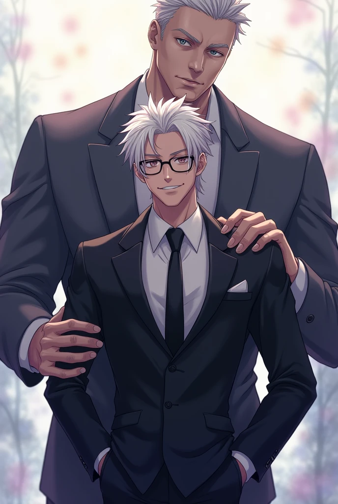 A man with glasses, anime, white hair, muscular, young face, wearing a suit, white skin, handsome, with a man behind him, the man behind him holding his shoulders