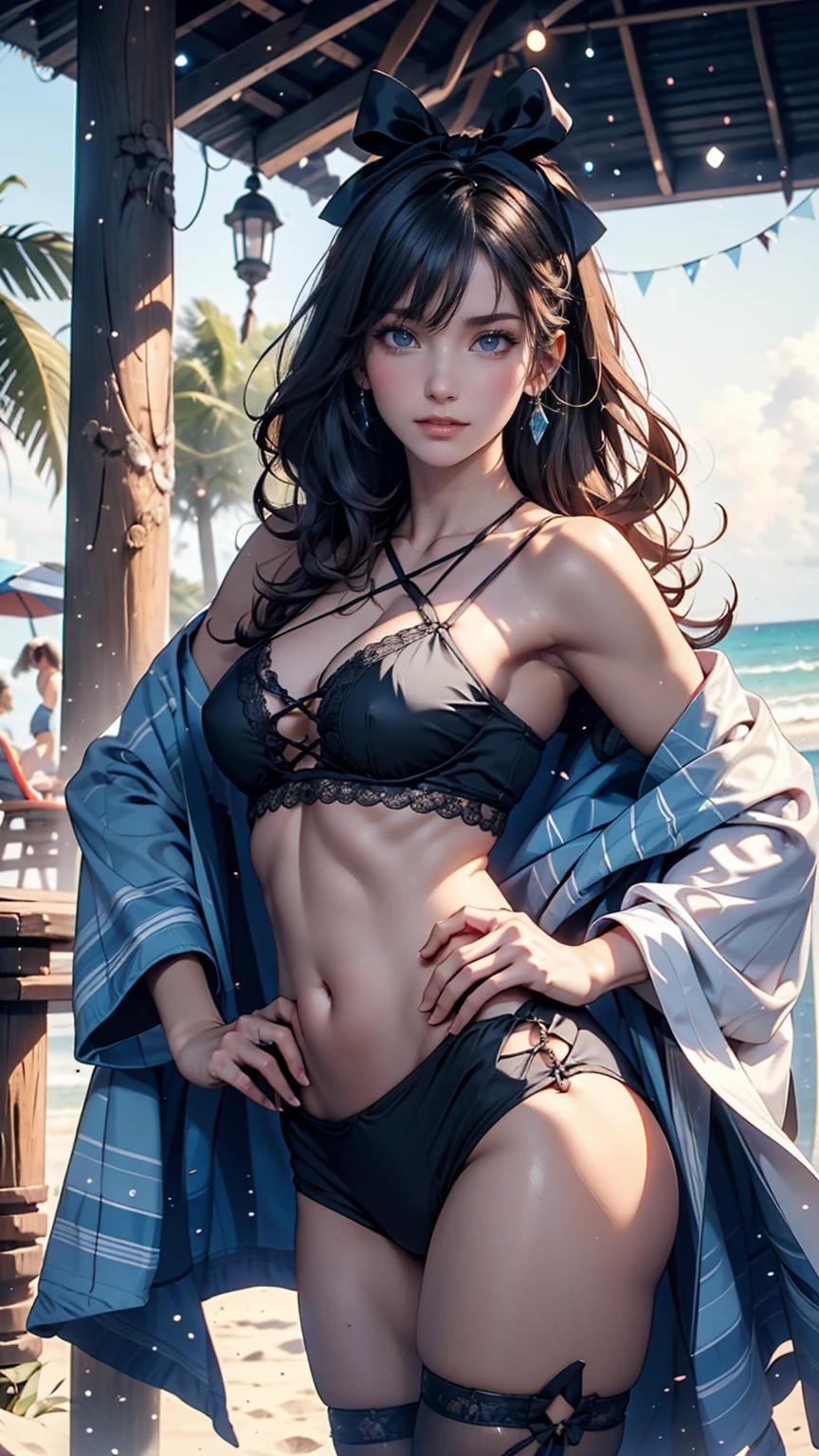 masterpiece, Highest quality, Are standing, Liselotte Cletia, A light smile, Long Hair, Wavy Hair, bangs, Hair between the eyes, Hair Ribbon, blue eyes, (Blue Hair:1), Black Bikini, Beach 、Lace-up sandals、Place hands on hips