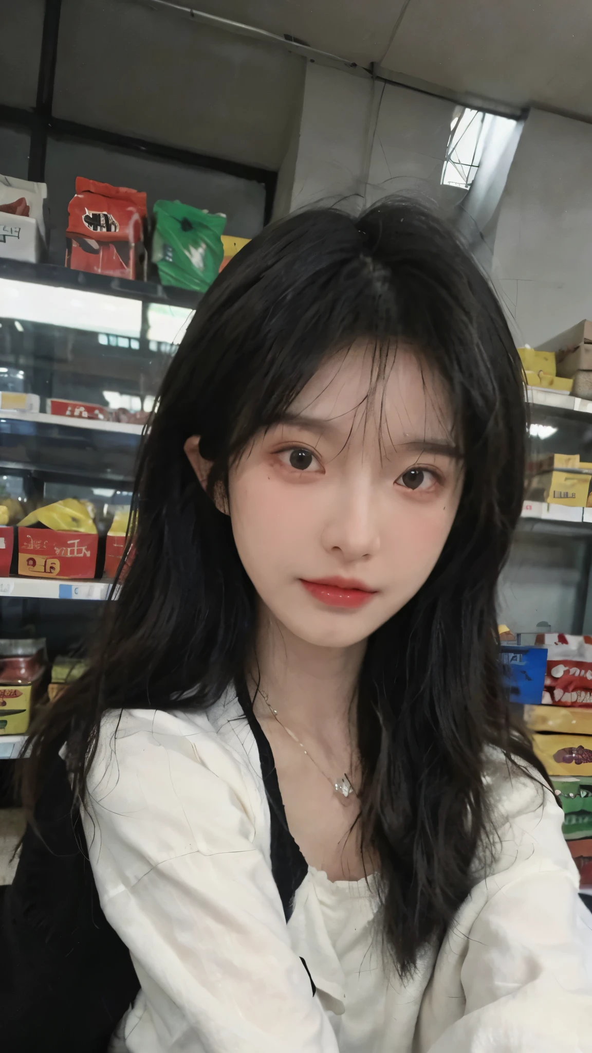 Best quality，Ultra-high resolution,(Realism:1.4)，Cute hairpins，girll,Cropped black sweater，Look directly at the audience，Full of atmosphere，Beautiful woman with a slim figure:1.4，supermarket，whole body，Super delicate face，Exquisite eyes，Double eyelids，necklace
