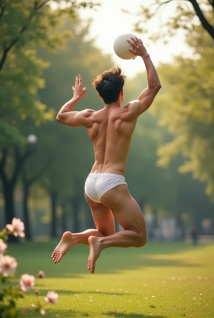 photorealistic, best quality, masterpiece, extremely detailed, sexy, homoerotic, extremely handsome, youthful, 25 year old handsome and athletic korean man, fair skin, (((muscular bodybuilder))), (((massive thighs))), wearing skimpy thong, shirtless, round bubble butt, very sweaty, jumps up to catch a volleyball, happy, at park, extremely romantic atmosphere, perfect face, perfect fingers, perfect hands, perfection