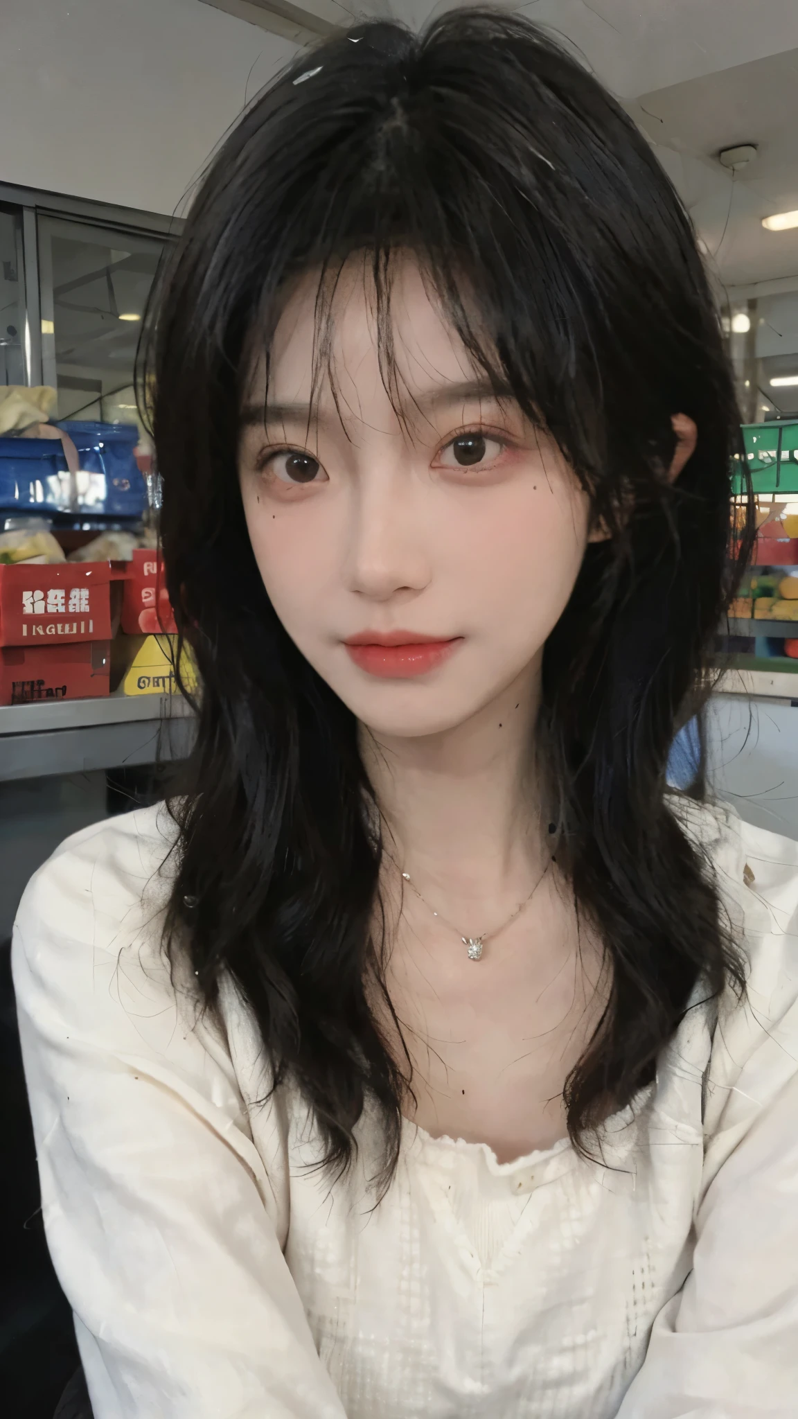 Best quality,Ultra-high resolution,(Realism:1.4),Cute hairpins,girll,Cropped black sweater,Look directly at the audience,Full of atmosphere,Beautiful woman with a slim figure:1.4,supermarket,whole body,Super delicate face,Exquisite eyes,Double eyelids,necklace
