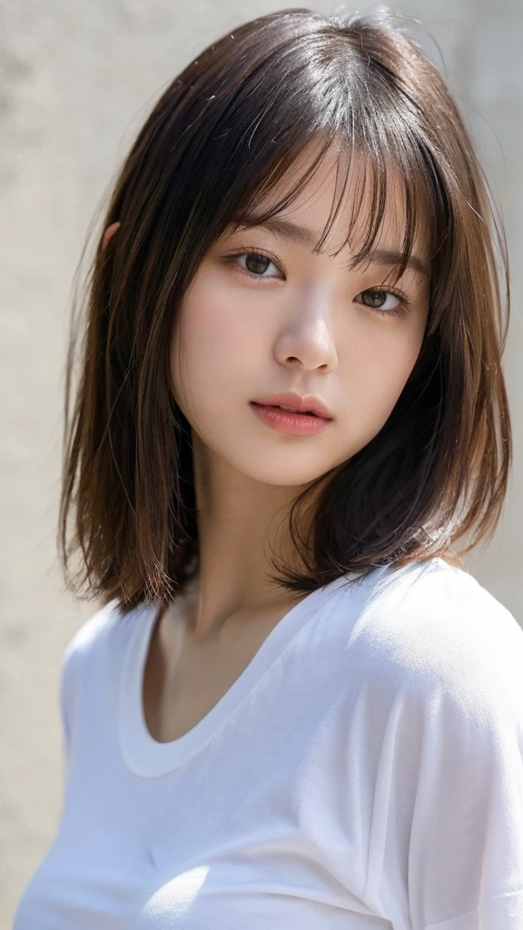 (top-quality、16K resolution)1 person、solo、natural soft light、small tits、A Japanese Lady、Looking at the camera、white t-shirts、Concrete background、Facing the front、is standing、bobhair、Woman in her late teens、Light bangs、short-hair、Salon model、Natural look、portlate、floated hair、Rolled hair