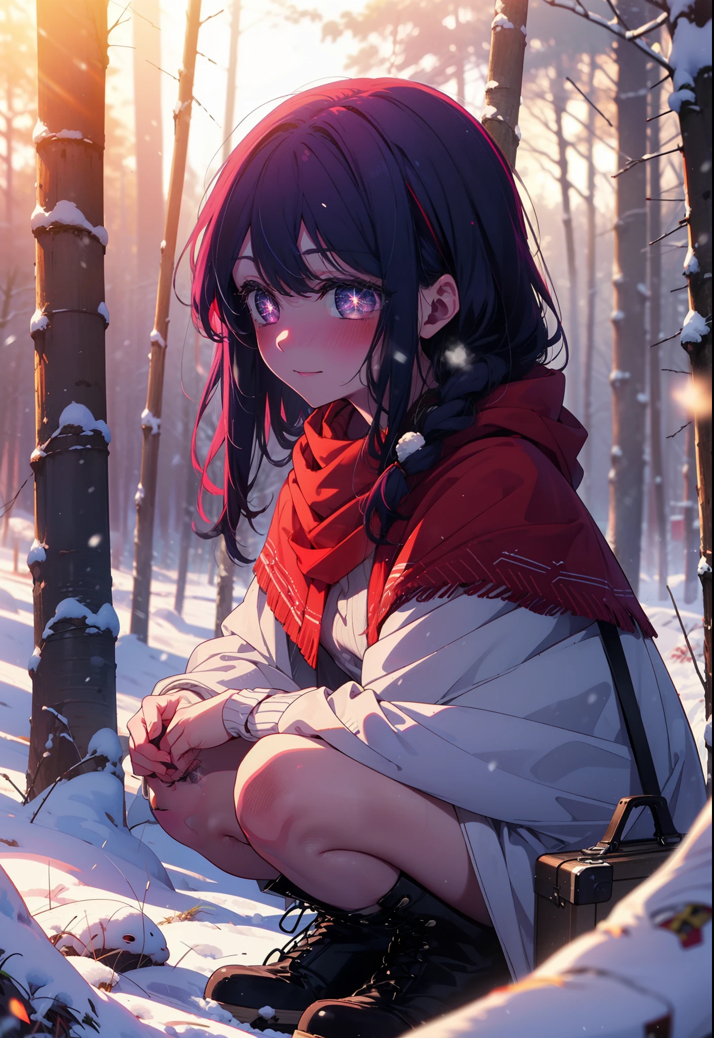 aihoshino, Ai Hoshino, Long Hair, bangs, (Purple eyes:1.1), Purple Hair, (Symbol-shaped pupil:1.5), smile,,smile,blush,white breath,
Open your mouth,snow,Ground bonfire, Outdoor, boots, snowing, From the side, wood, suitcase, Cape, Blurred, , forest, White handbag, nature, Squat, Mouth closed, Cape, winter, Written boundary depth, Black shoes, red Cape break looking at viewer, Upper Body, whole body, break Outdoor, forest, nature, break (masterpiece:1.2), Highest quality, High resolution, unity 8k wallpaper, (shape:0.8), (Beautiful and beautiful eyes:1.6), Highly detailed face, Perfect lighting, Highly detailed CG, (Perfect hands, Perfect Anatomy),