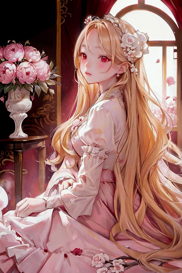 a painting of 3 year old european noble girl, red eyes, straight blonde hair, cute expensive pink and white gown, peony flowers
