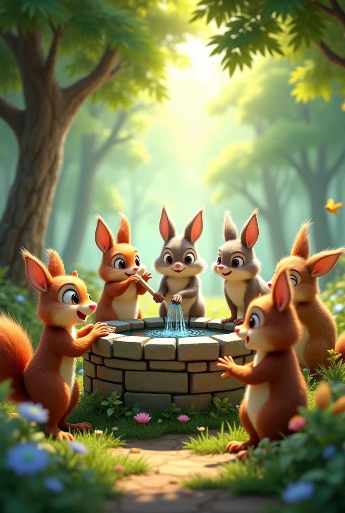 In cinematic 3D cartoon style ""The animals, now refreshed, working together to clean and reinforce the well, ensuring it will continue to provide water for the entire forest in the future.""