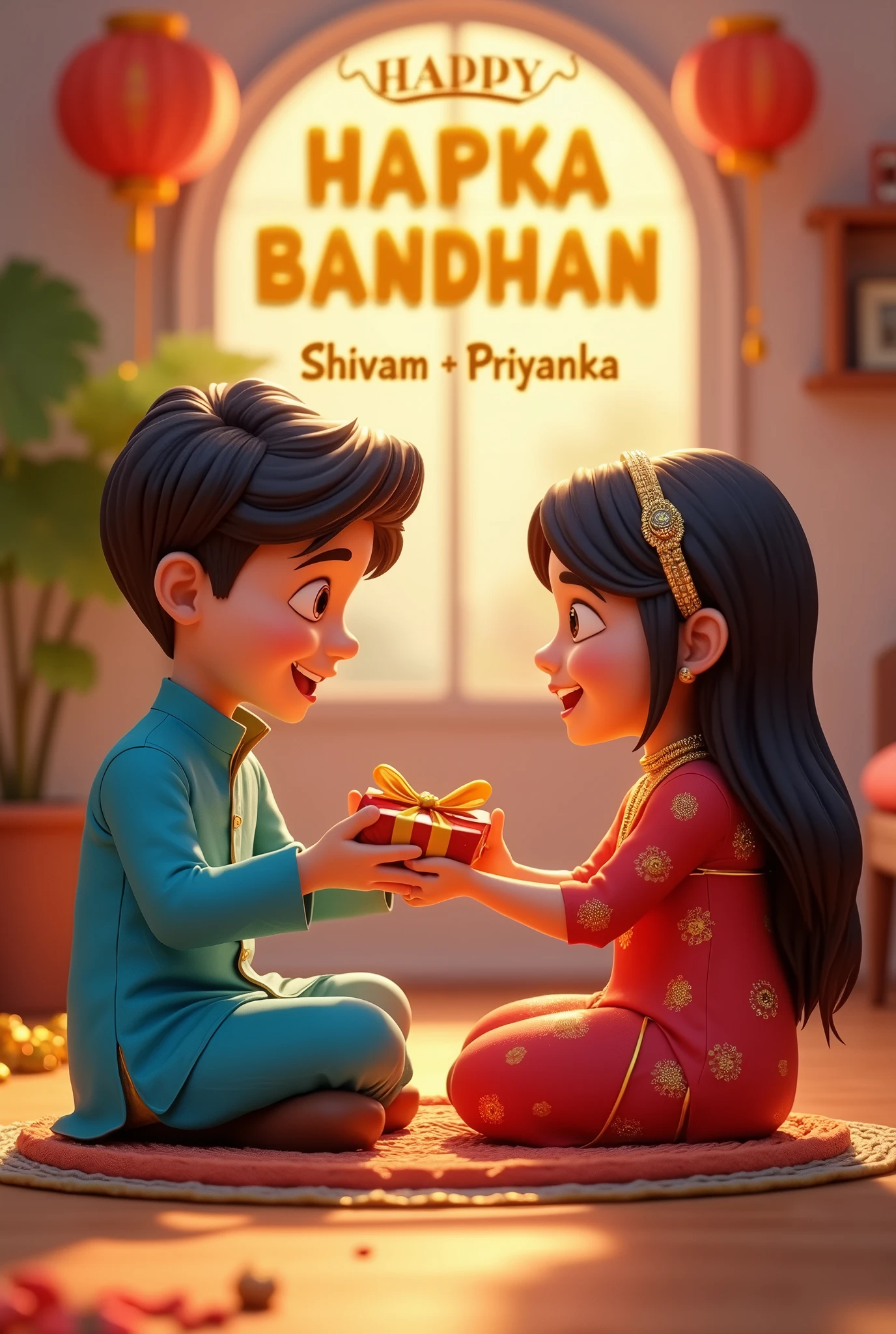 #RakshaBandhan 3D Ai Name Photo Editing 2024Bing Prompt
➖➖➖➖➖➖➖➖➖➖➖➖➖
A real 20 year old Cute boy and girl are sitting face to face on a colorful mat in the home lobby,. the boy has extended one of his hands forward, And Girl tying Rakhi on brother’s hand. boy is wearing a Blue colored kurta And the girl is wearing a Red Lahenga boy has a gift box in his other hand, is smiling, boy has applied tilak on his forehead, and on the wall in bold letters “HAPPY RAKSHA BANDHAN” “shivam & Priyanka” It is written, 4k image