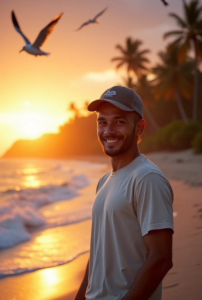 homme avec une casquette au bord d'une plage ,le regarde vers nous,soleil couchant