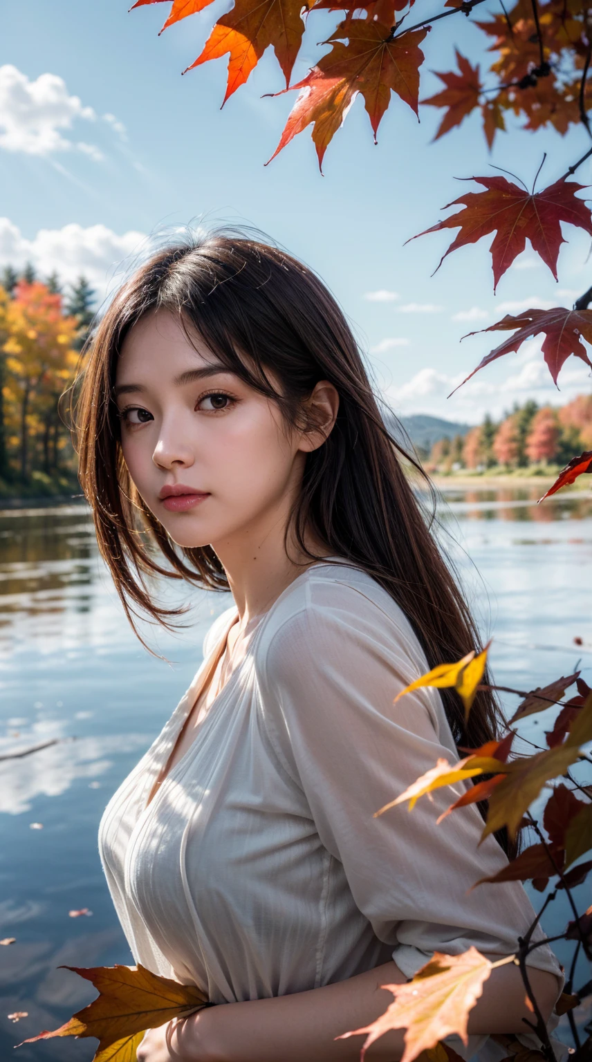 wallpaper, Stand in the fall, Maple Leaf, Trees, Sky, White Cloud, High-resolution details, Wet watermark, Ultra Detail, Movie, Surrealism, Soft Light, Deep Focus Bokeh, Ray Tracing, diffusion (Ultra-fine glass reflection) and Surrealism.